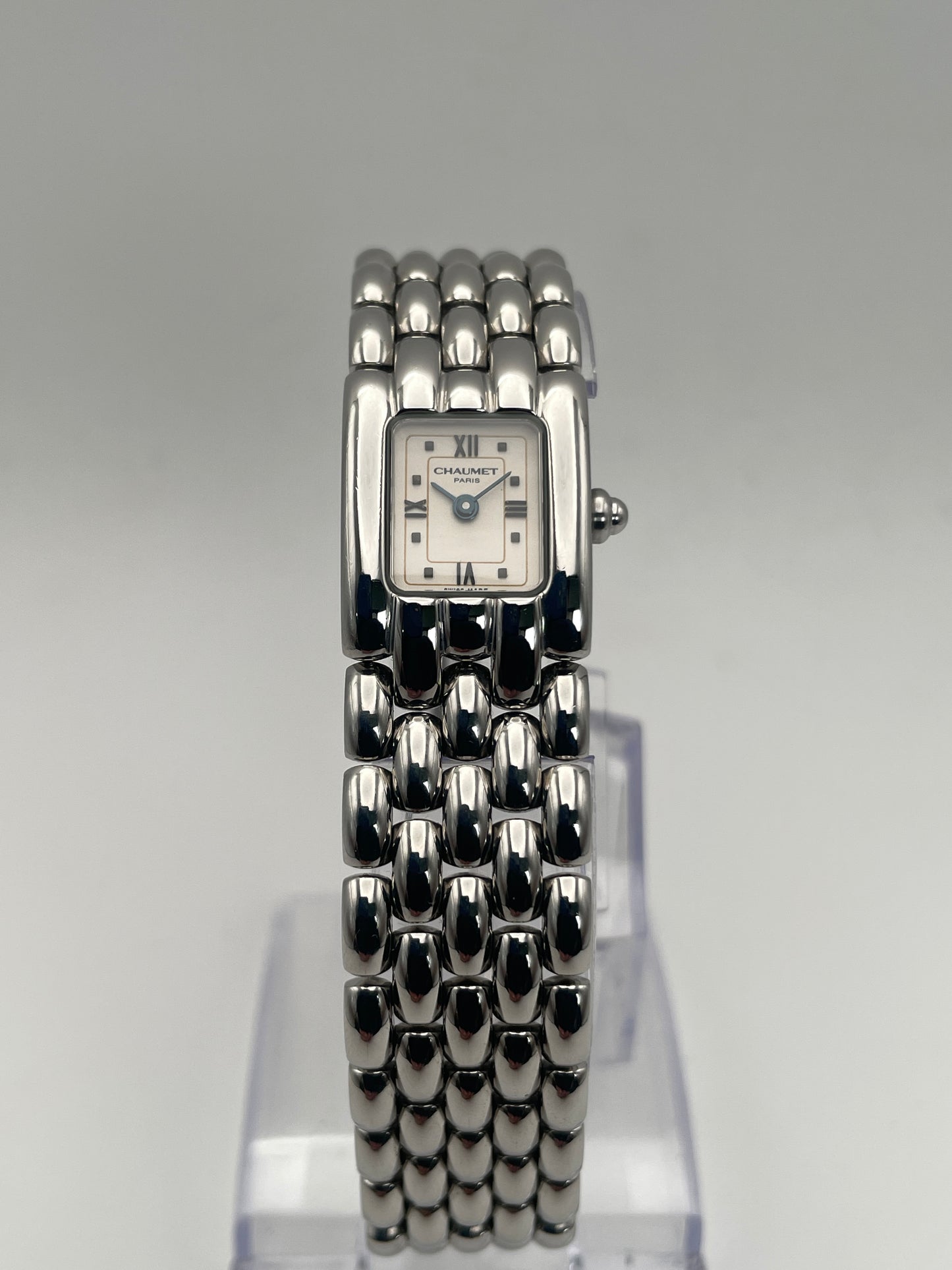 Front view of Chaumet Khesis Vintage Ladies Watch in stainless steel with a rectangular dial.
