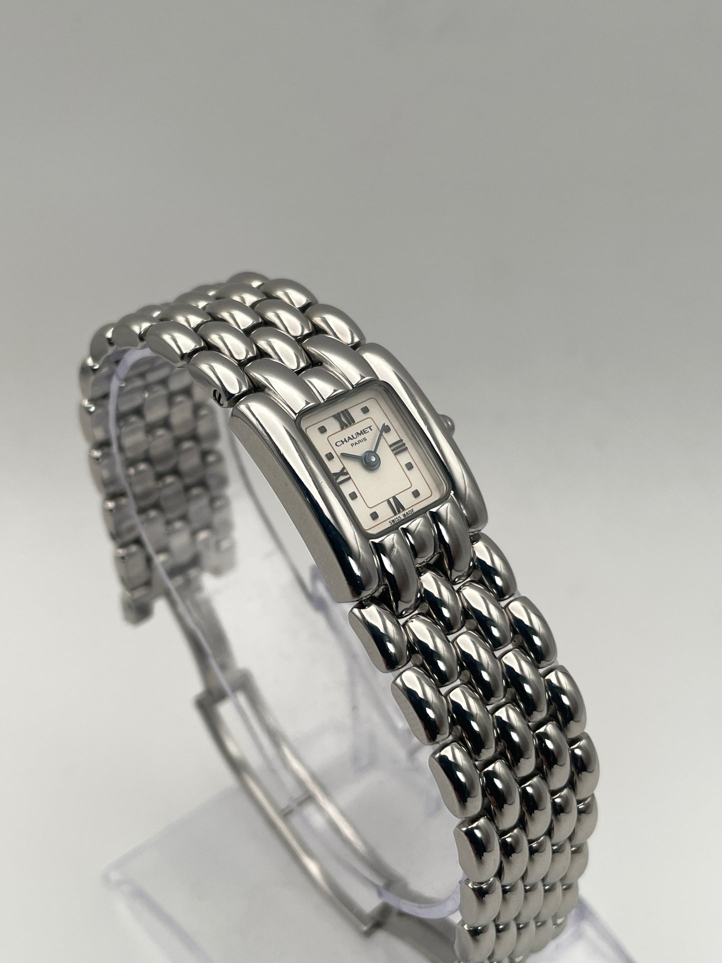 Front view of Chaumet Khesis Vintage Ladies Watch in stainless steel with a rectangular dial.