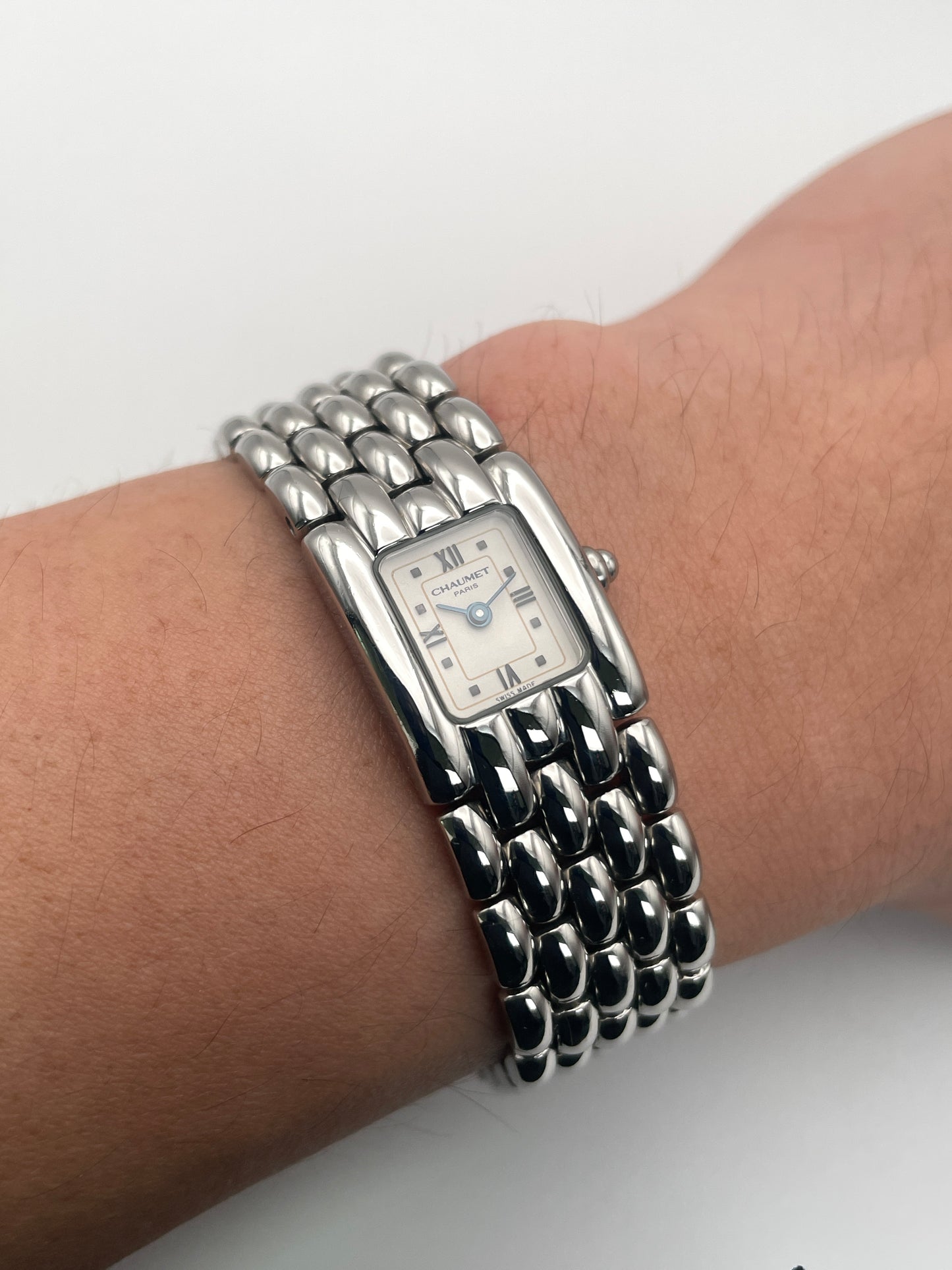 Wrist shot of Chaumet Khesis Vintage Ladies Watch, highlighting its elegant fit.