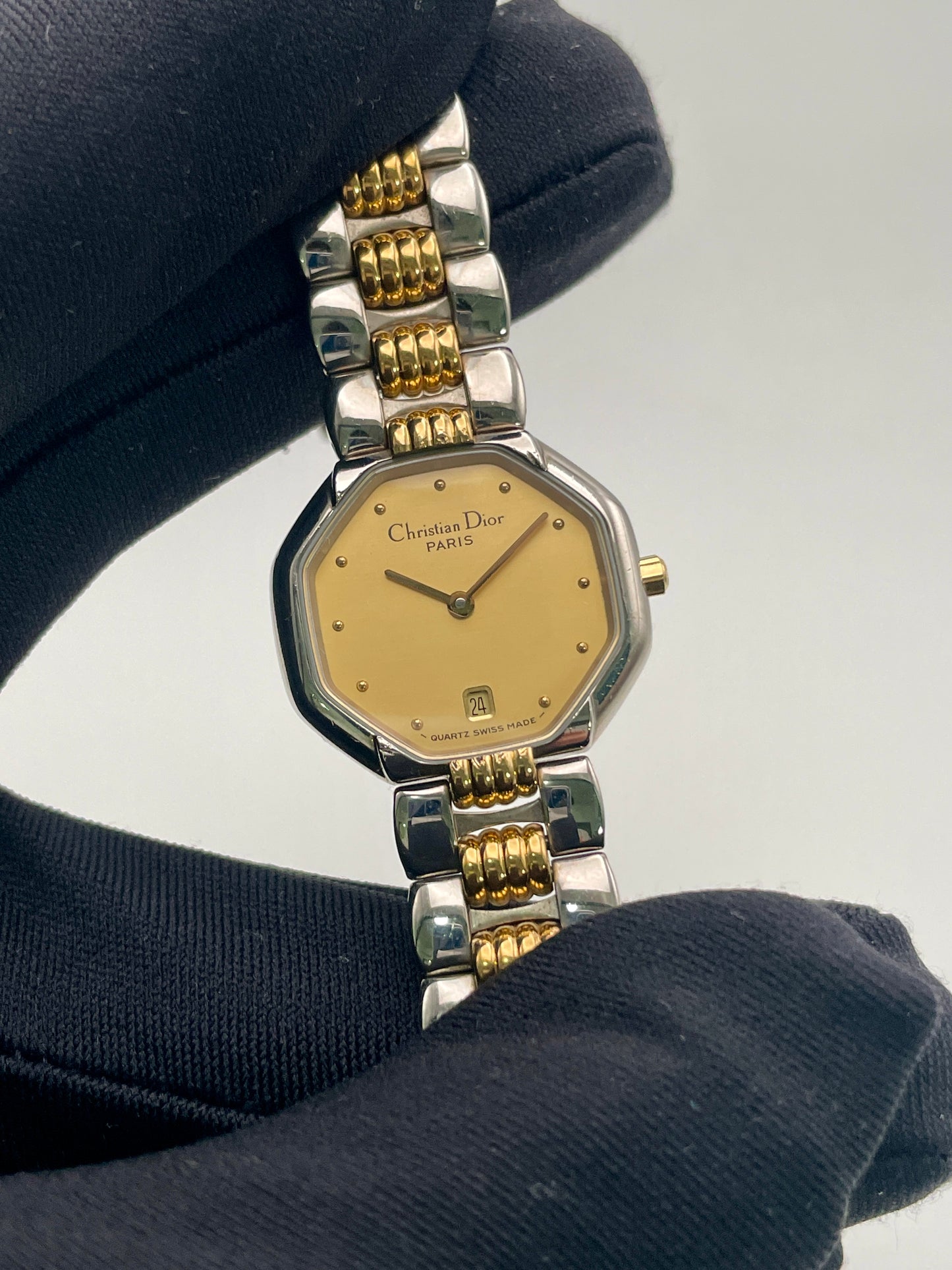 Close-up of Christian Dior Déposé Octagon Vintage Women's Watch, highlighting the octagonal case and two-tone bracelet in steel and gold.