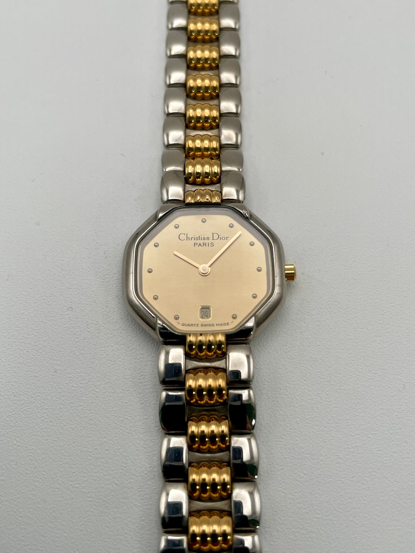 Front view of Christian Dior Déposé Octagon Vintage Women's Watch showing the case and bracelet details with gold accents.
