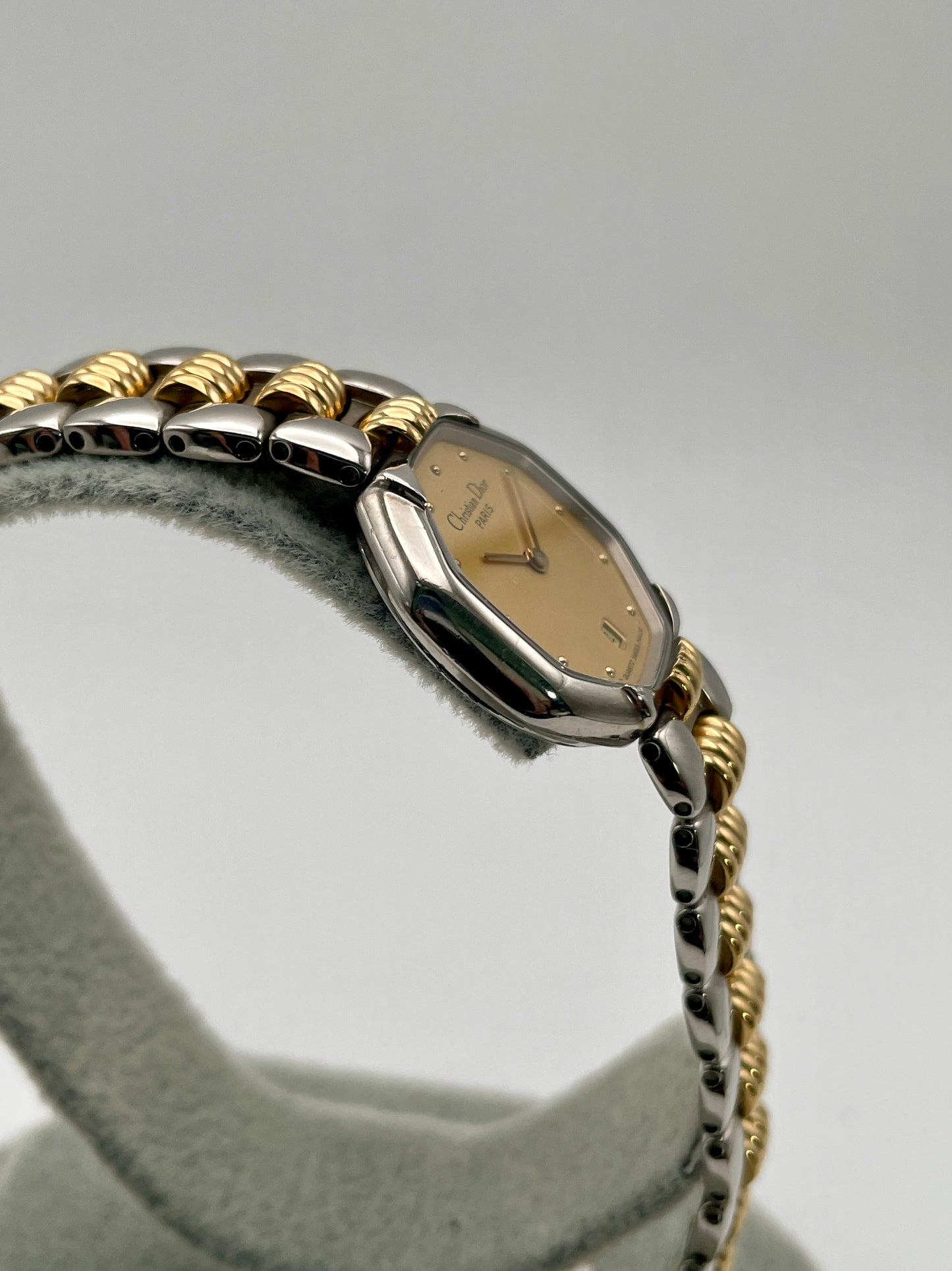 Right side view of Christian Dior Déposé Octagon Vintage Women's Watch, displaying the bracelet's detailed links and gold-tone accents.