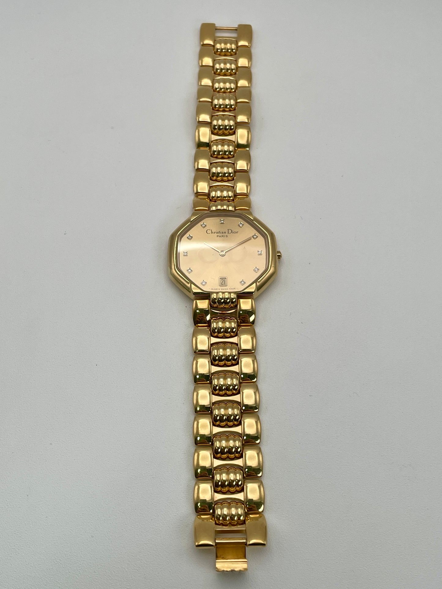Full view of the Christian Dior Depose Vintage Women's Watch in gold, showcasing the octagonal dial and unique link bracelet design.
