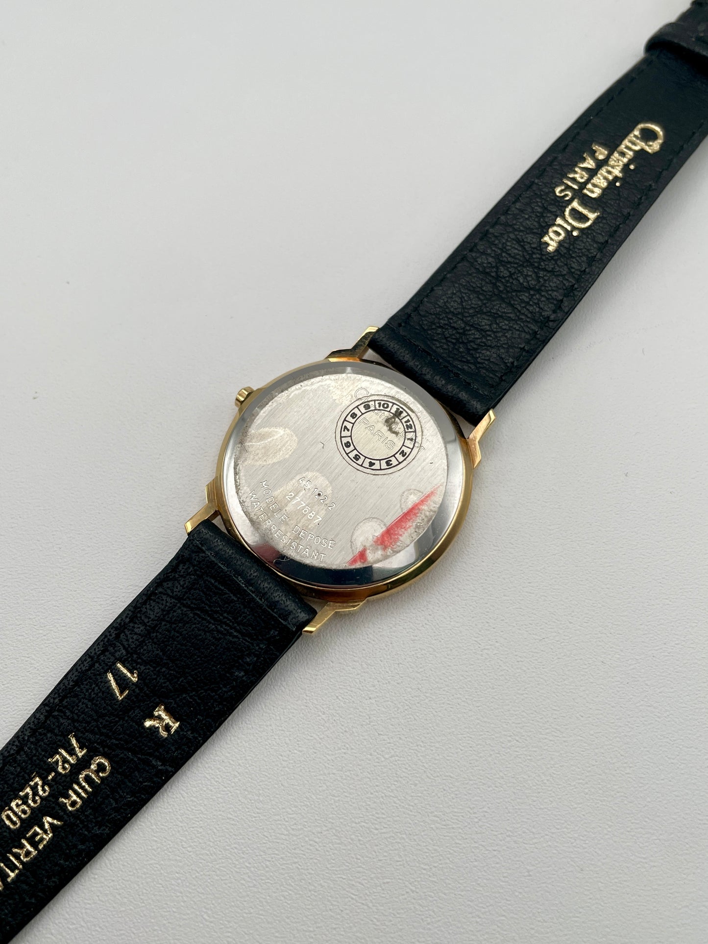 Caseback view of Christian Dior 45.122 vintage watch showing model and water resistance info