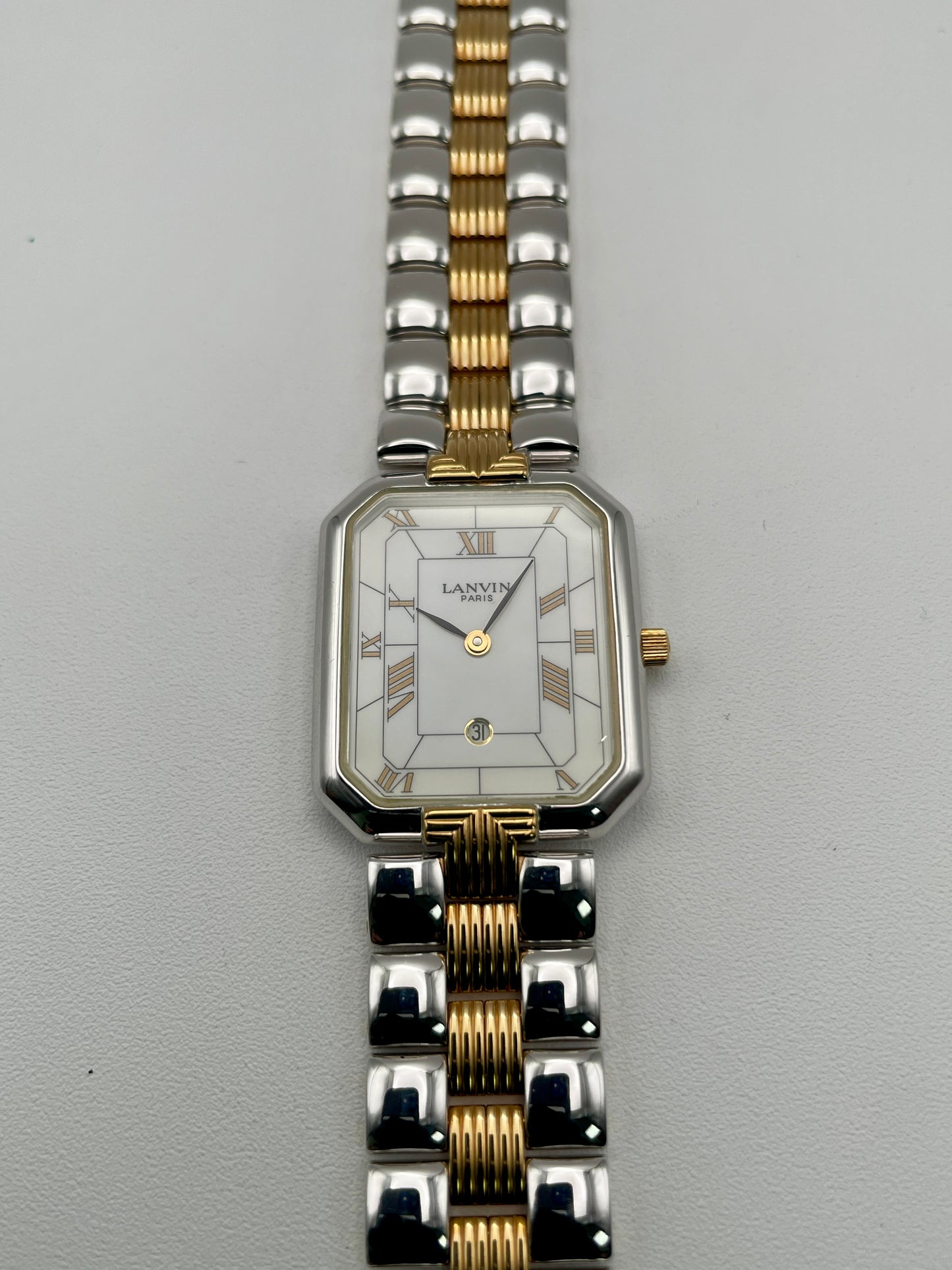 Close-up front view of Lanvin Paris 516897.B watch featuring octagonal white dial and Roman numerals