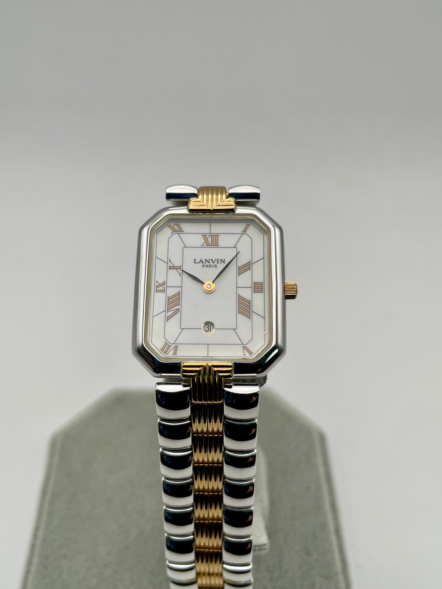 Close-up front view of Lanvin Paris 516897.B watch featuring octagonal white dial and Roman numerals