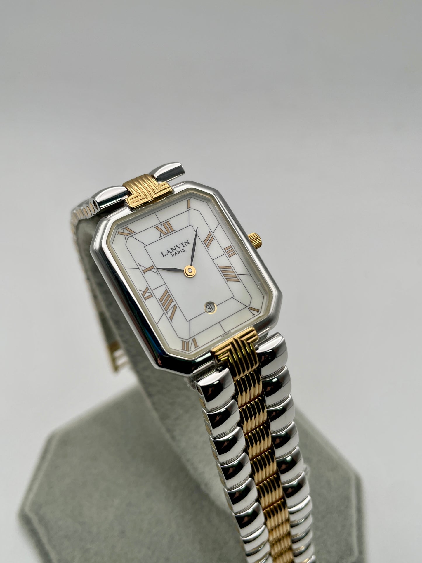 Lanvin Paris 516897.B vintage women's watch in two-tone gold and silver with white Roman numeral dial, shown in full view