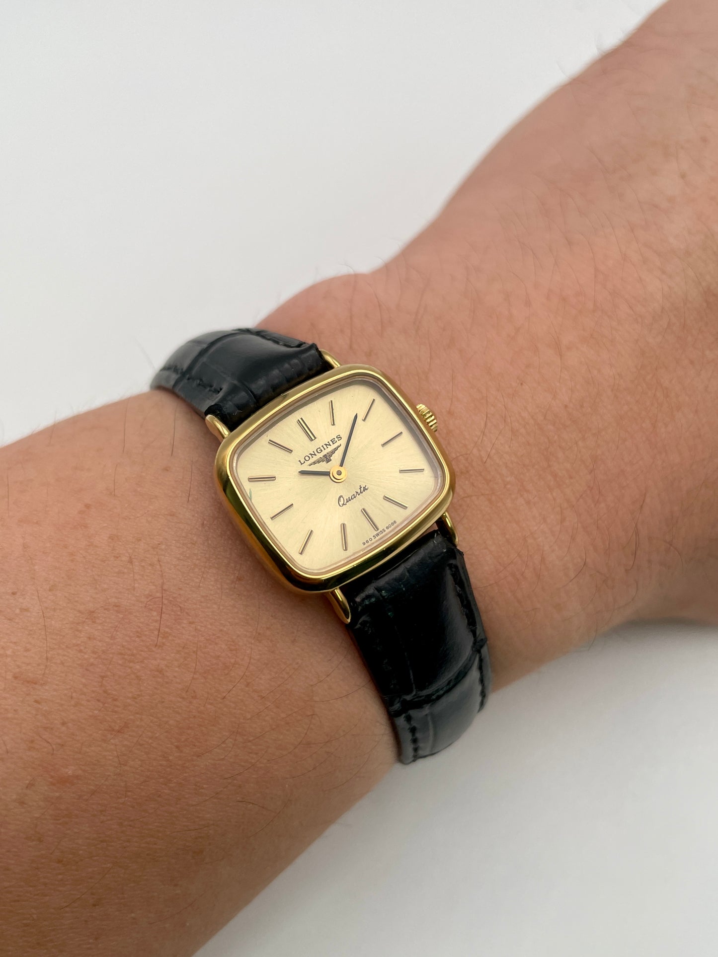 Longines 6068.2 vintage gold women's watch worn on wrist, showcasing size and strap fit