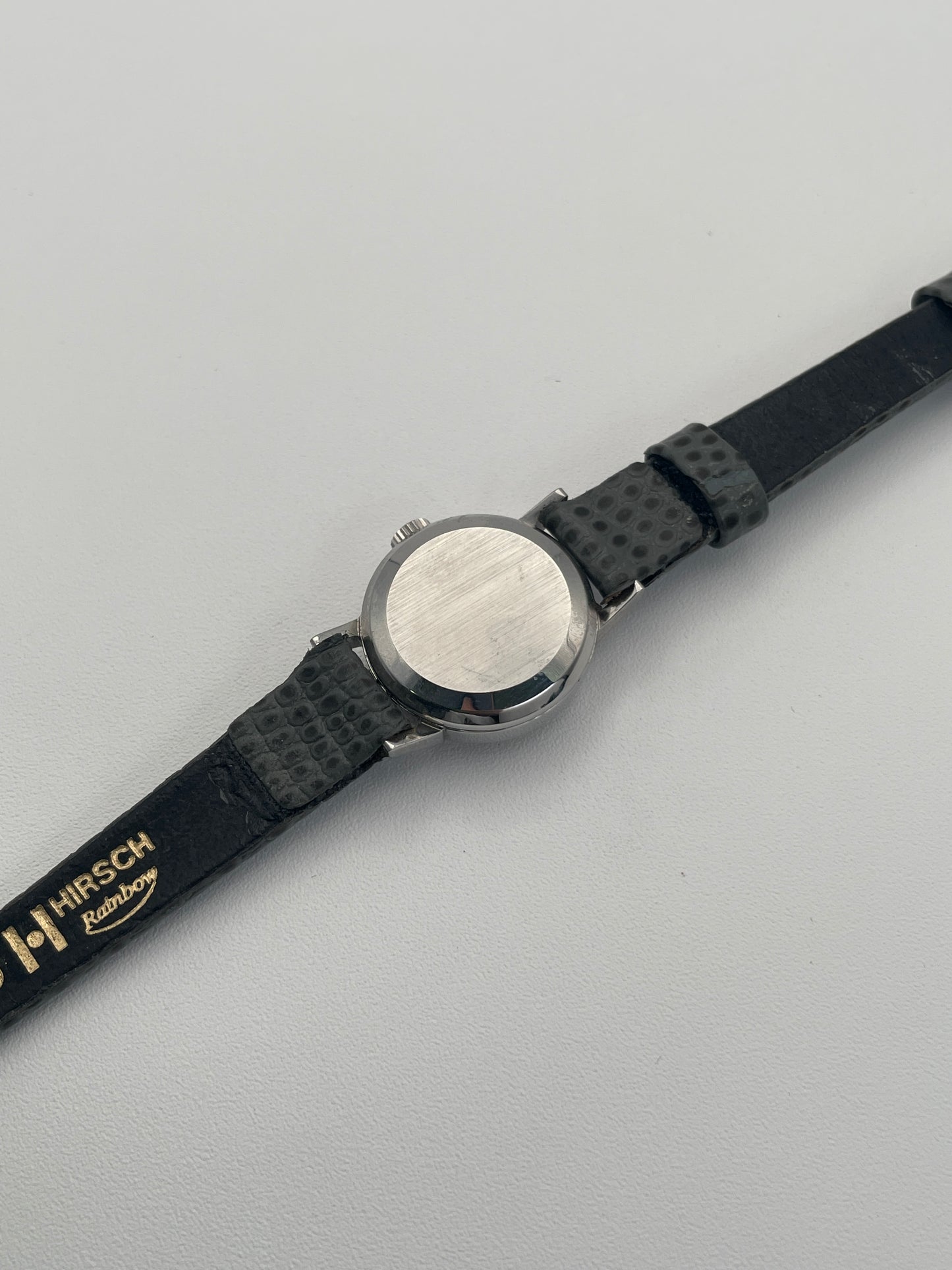 Omega Genève 562.005 with a silver sunburst dial and gray strap, caseback view revealing the stainless steel back.