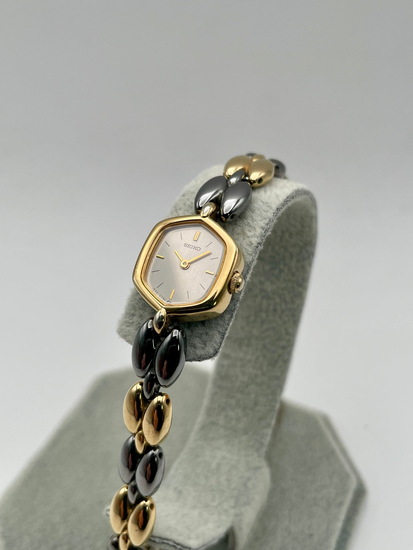 Diagonal angle of Seiko Hexagon watch showing bracelet texture and hexagonal case shape