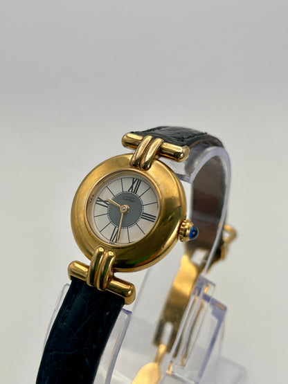 Front side view of Cartier Colisée Vermeil watch featuring a gold-tone round case, Roman numeral dial, and black leather strap.