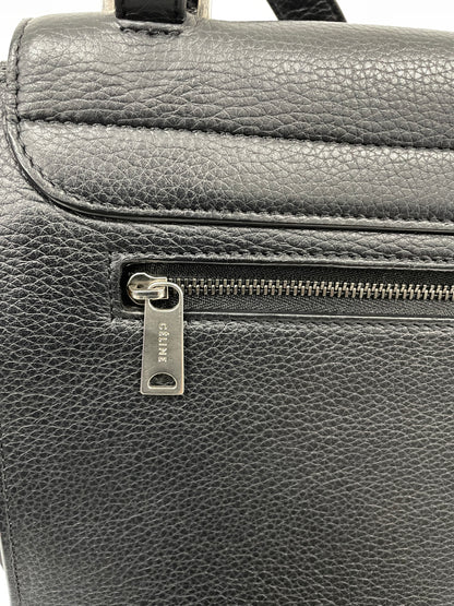 Close-up of the silver-tone hardware and back zipper closure on the Celine Trapeze Bag in black leather and velvet trim.