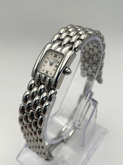 Angled front view of Chaumet Khesis Vintage Ladies Watch with stainless steel links.