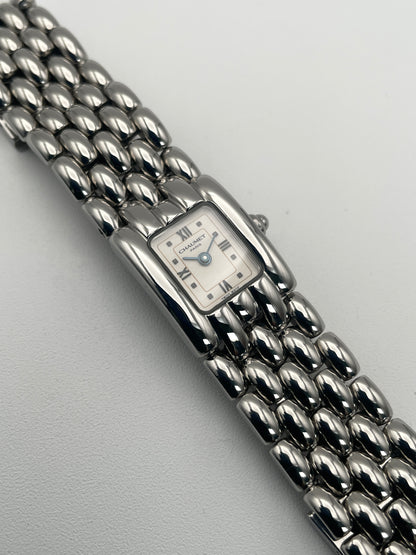 Front view of Chaumet Khesis Vintage Ladies Watch in stainless steel with a rectangular dial.