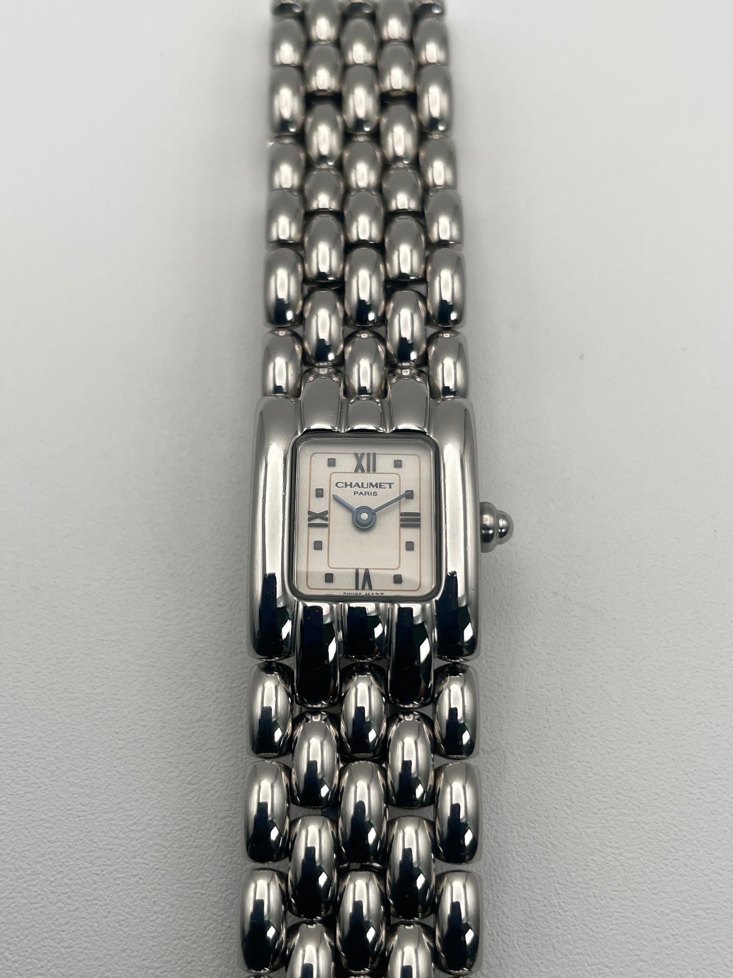 Front view of Chaumet Khesis Vintage Ladies Watch in stainless steel with a rectangular dial.