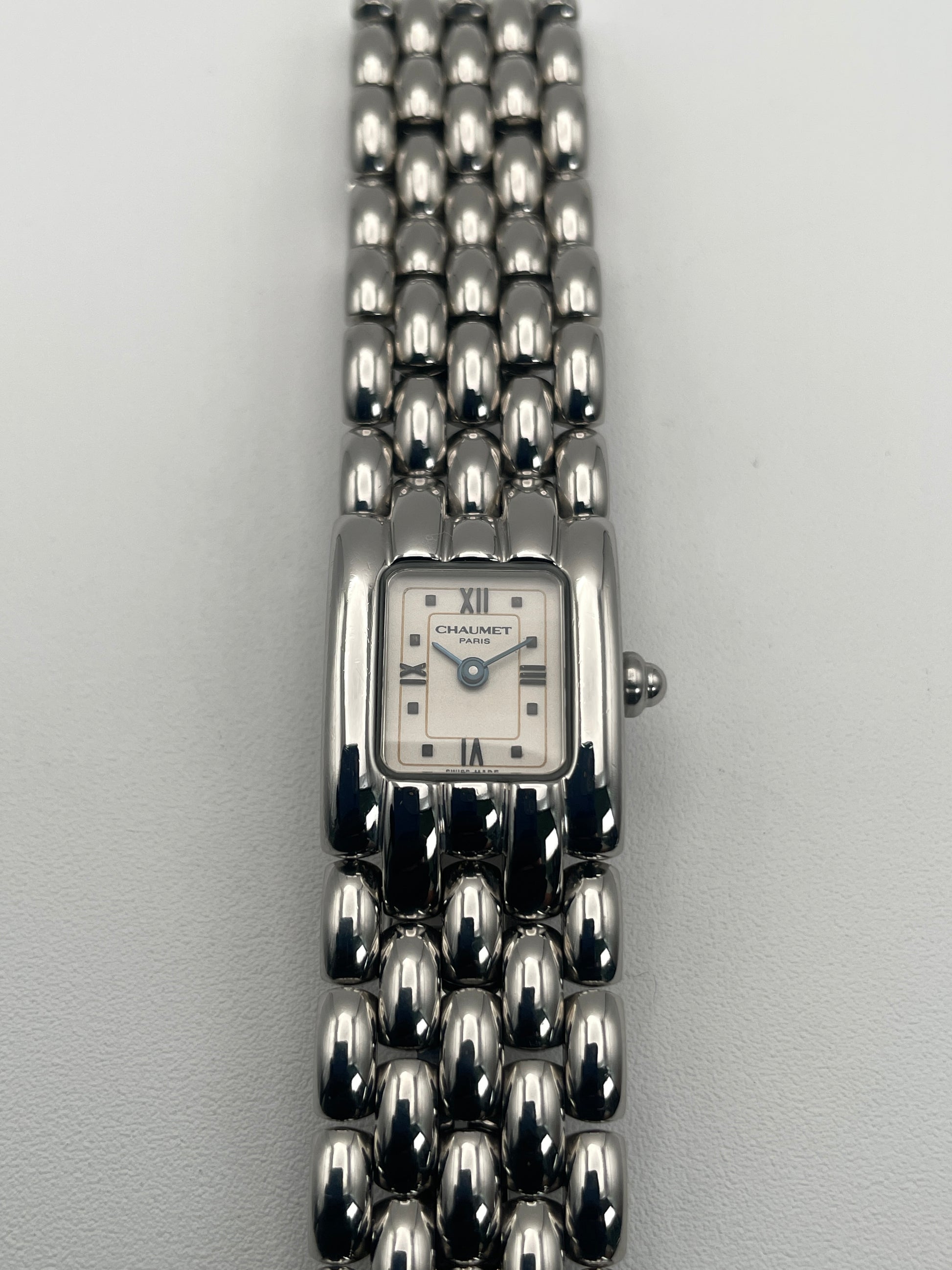 Front view of Chaumet Khesis Vintage Ladies Watch in stainless steel with a rectangular dial.