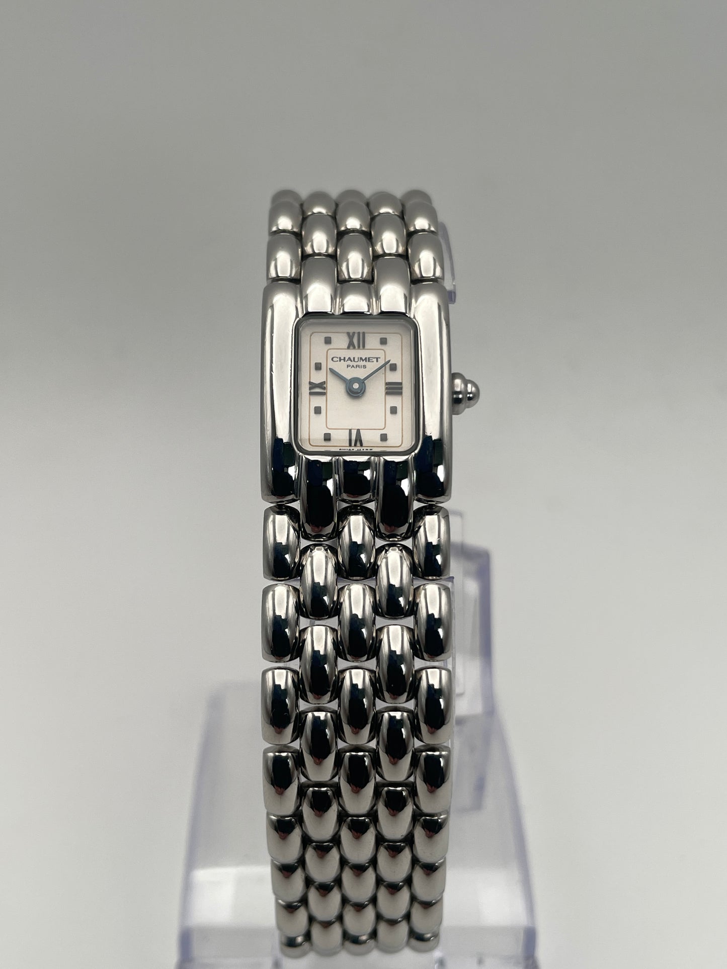 Front view of Chaumet Khesis Vintage Ladies Watch in stainless steel with a rectangular dial.

