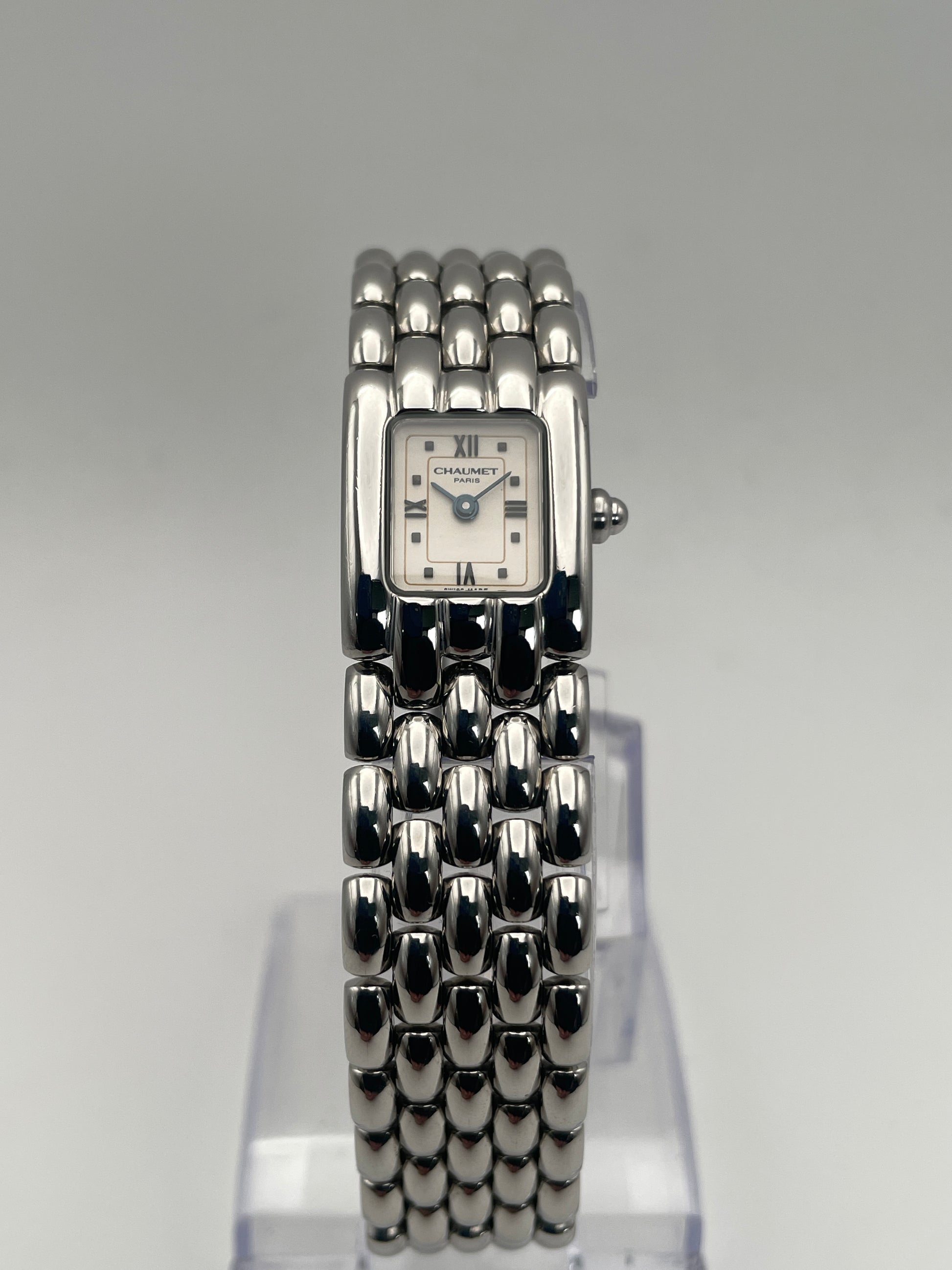 Front view of Chaumet Khesis Vintage Ladies Watch in stainless steel with a rectangular dial.

