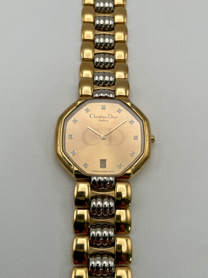 Christian Dior Déposé Octagon Vintage Women's Watch in two-tone gold and steel, front view highlighting the champagne dial with crystal markers.
