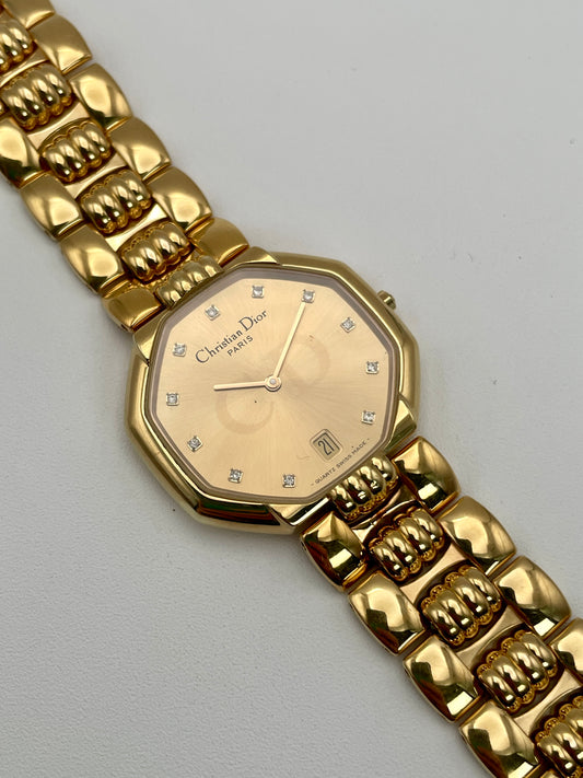 Christian Dior Depose Vintage Women's Watch in gold with octagonal dial and diamond hour markers.