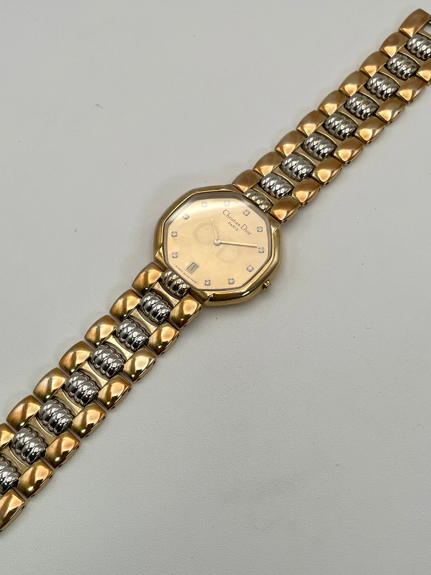 Full view of the Christian Dior Depose Vintage Women's Watch in two-tone gold and steel, showcasing the octagonal dial and unique link bracelet design.