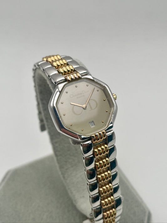 Christian Dior Déposé Octagon vintage women's watch in two-tone steel and gold, featuring an octagonal case and a sophisticated link bracelet.