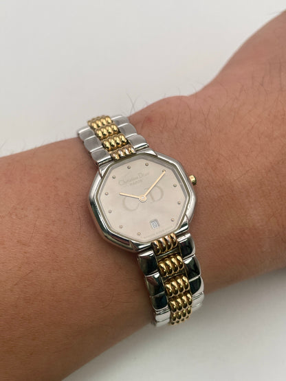 Wrist shot of the Christian Dior Déposé Octagon vintage women's watch, showing its comfortable and stylish fit.
