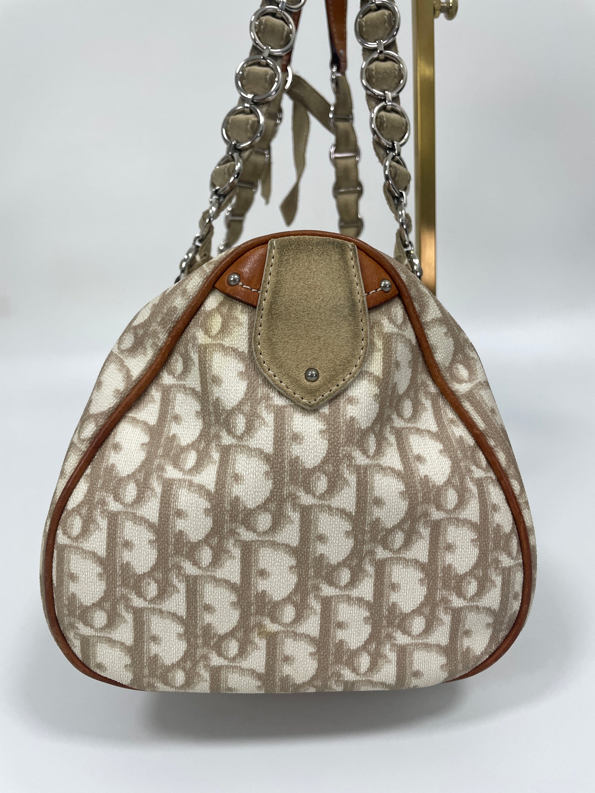 Full side view of the Christian Dior Trotter Romantique Bag in beige leather and canvas with chain and leather straps.