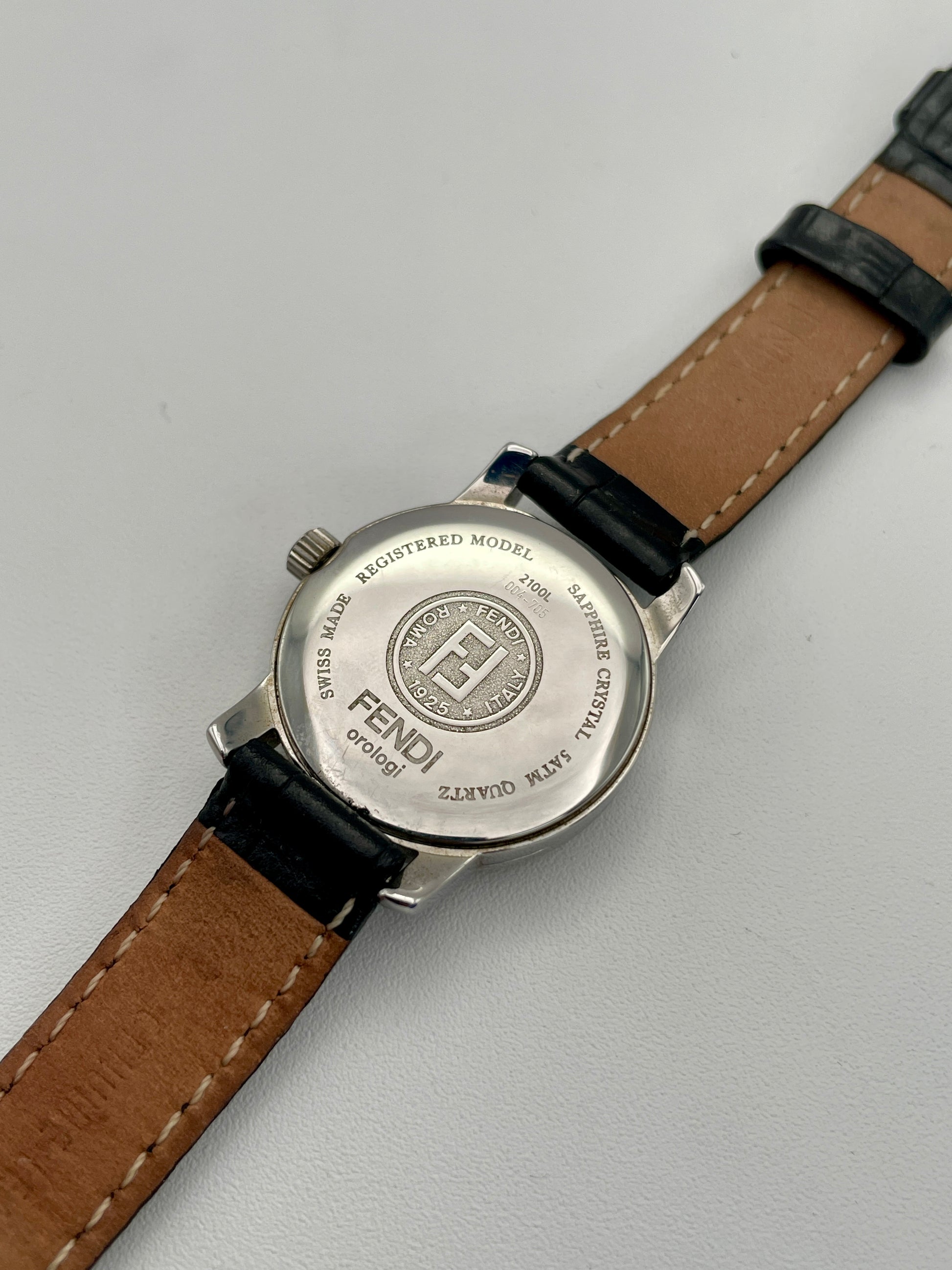 Fendi 2100L watch caseback view showing engraved logo and model details