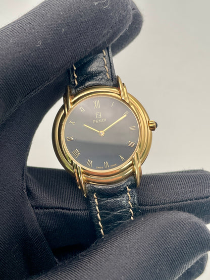 Close-up view of the Fendi 300J dial, showing refined Roman numerals and dauphine-style hands.