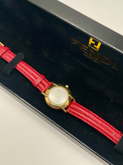 Fendi Orologi 410L Vintage Women's Watch in gold with red strap, displayed inside original Fendi box