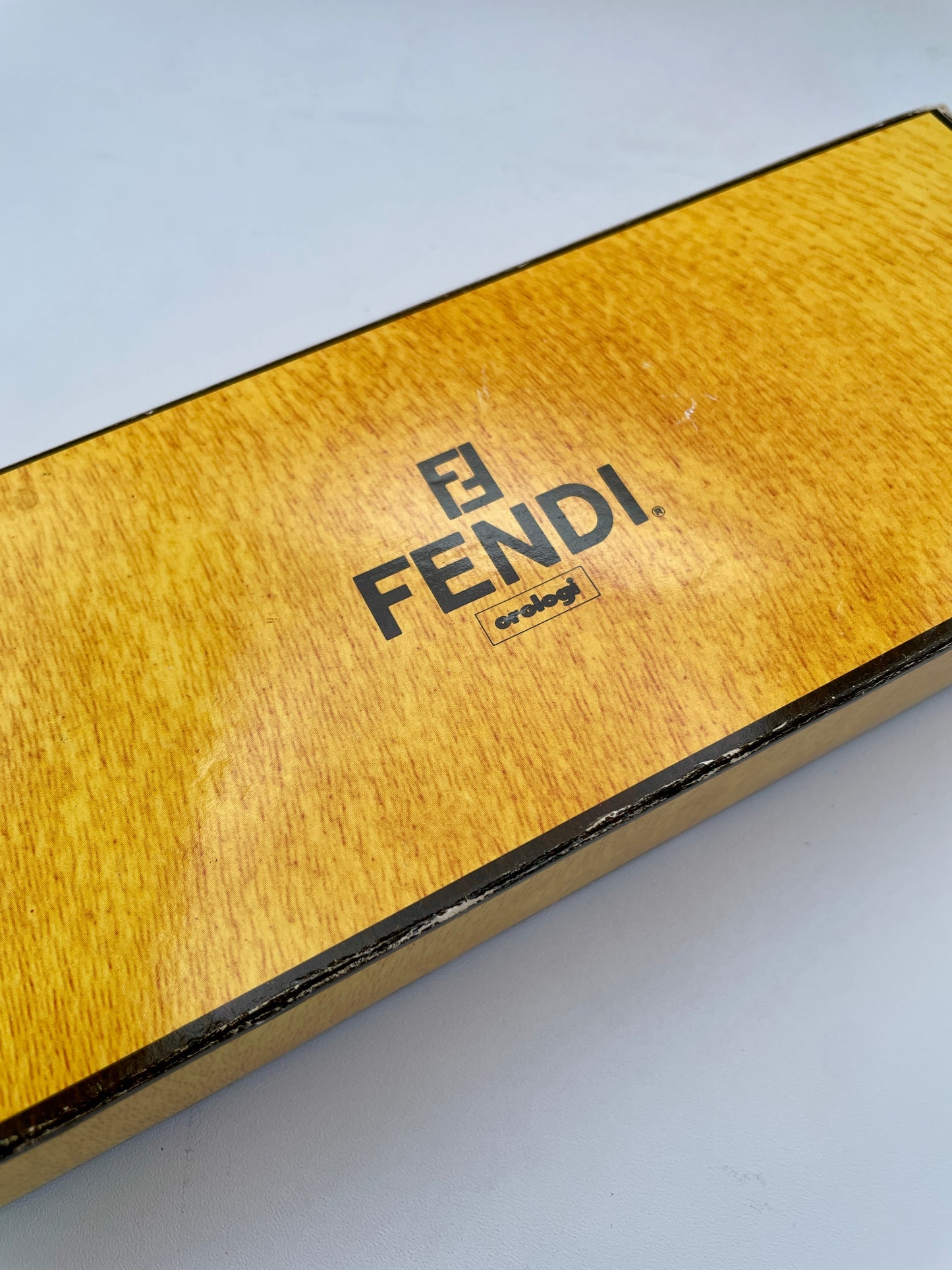 Diagonal view of Fendi 640L watch outer box.