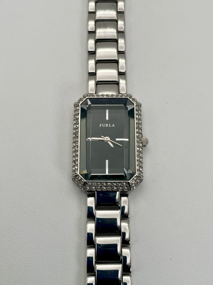 Front view of Furla Crystal Pave ladies' watch with a rectangular crystal-set case and a polished stainless steel bracelet.