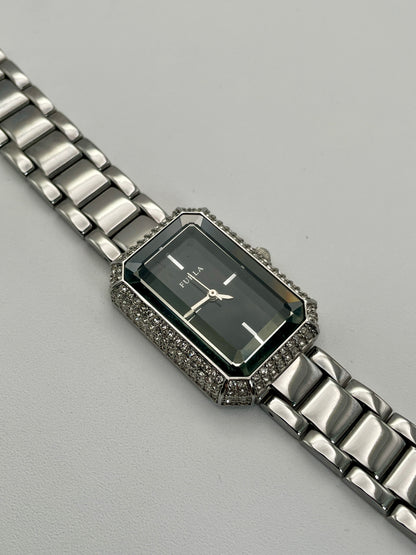 Furla Crystal Pave ladies' watch with a rectangular crystal-set case and a polished stainless steel bracelet.

