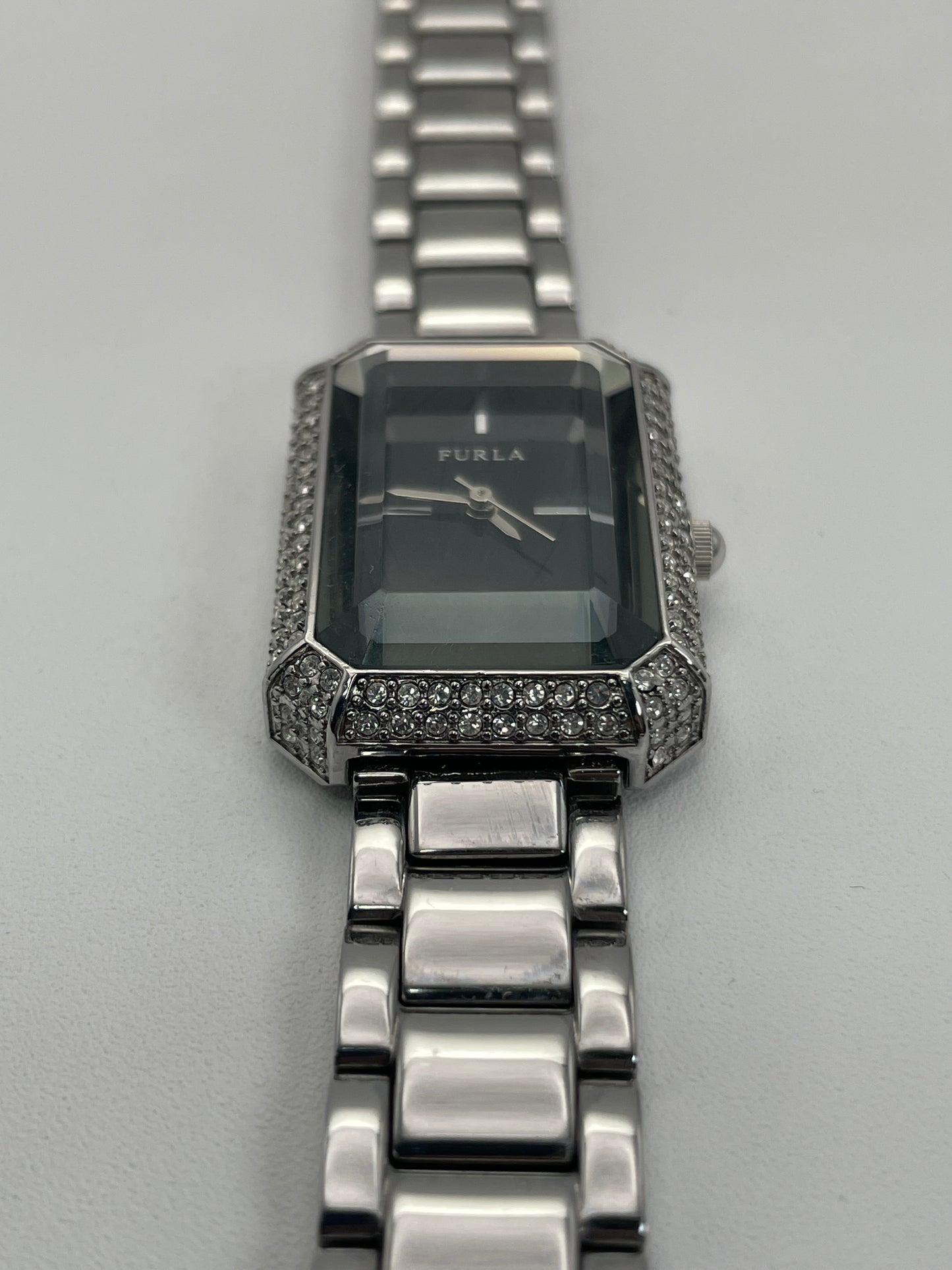 Bottom view of the Furla Crystal Pave watch, emphasizing the crystal-set case and sleek bracelet.