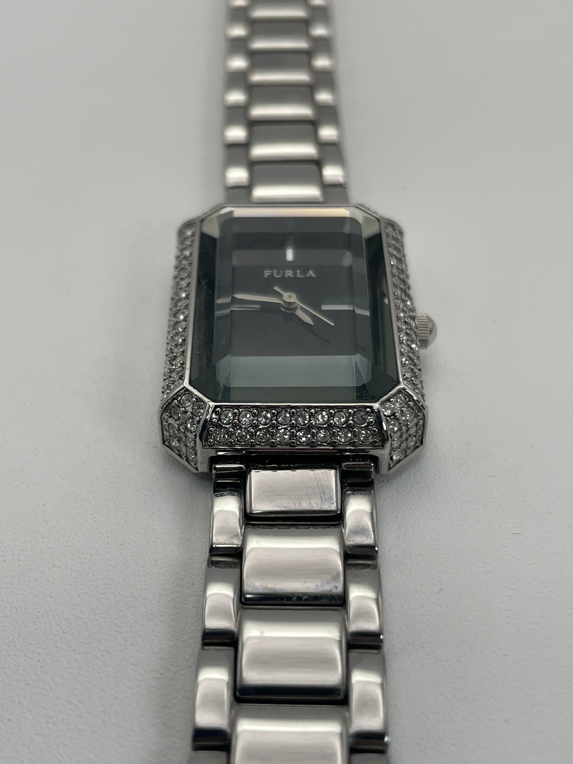 Bottom view of the Furla Crystal Pave watch, emphasizing the crystal-set case and sleek bracelet.