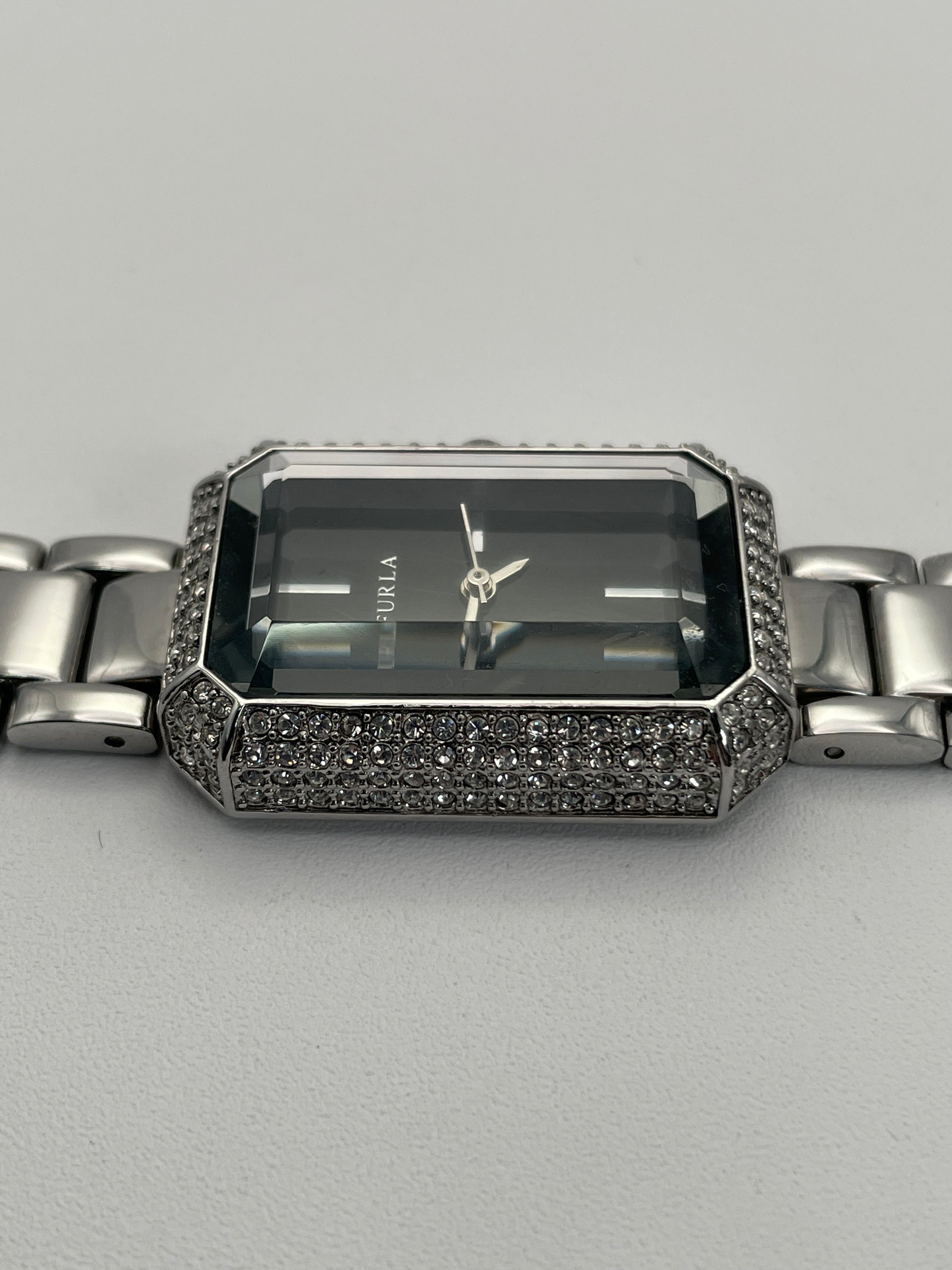 Side view of Furla Crystal Pave watch, showcasing the slim profile of the crystal-encrusted case.