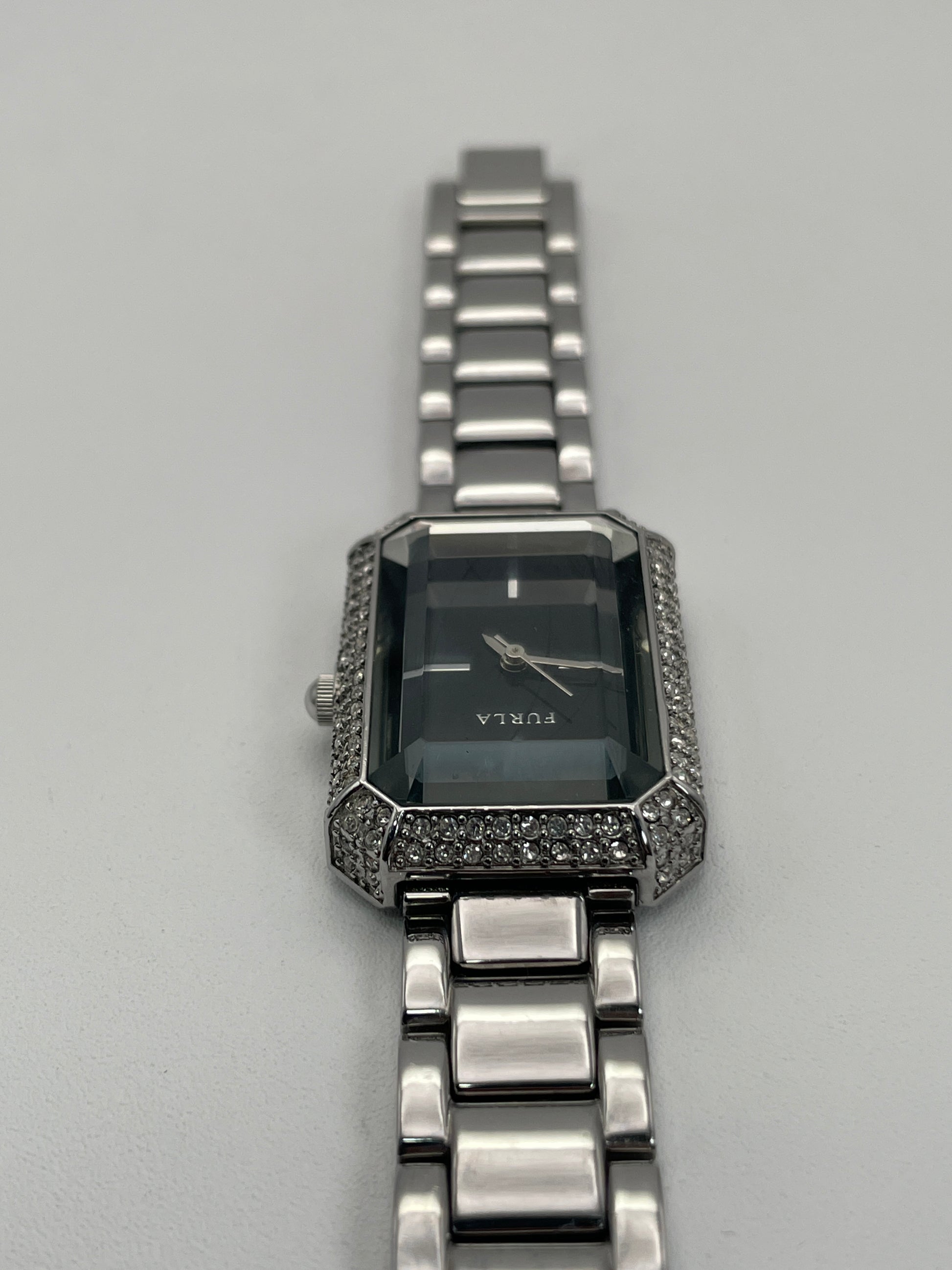 Top view of Furla Crystal Pave watch, showcasing the slim profile of the crystal-encrusted case.