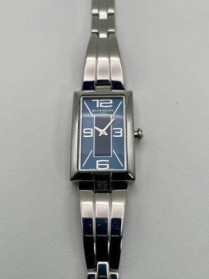 Front view of Givenchy Tank Vintage Women's Watch in steel with navy dial and rectangular case
