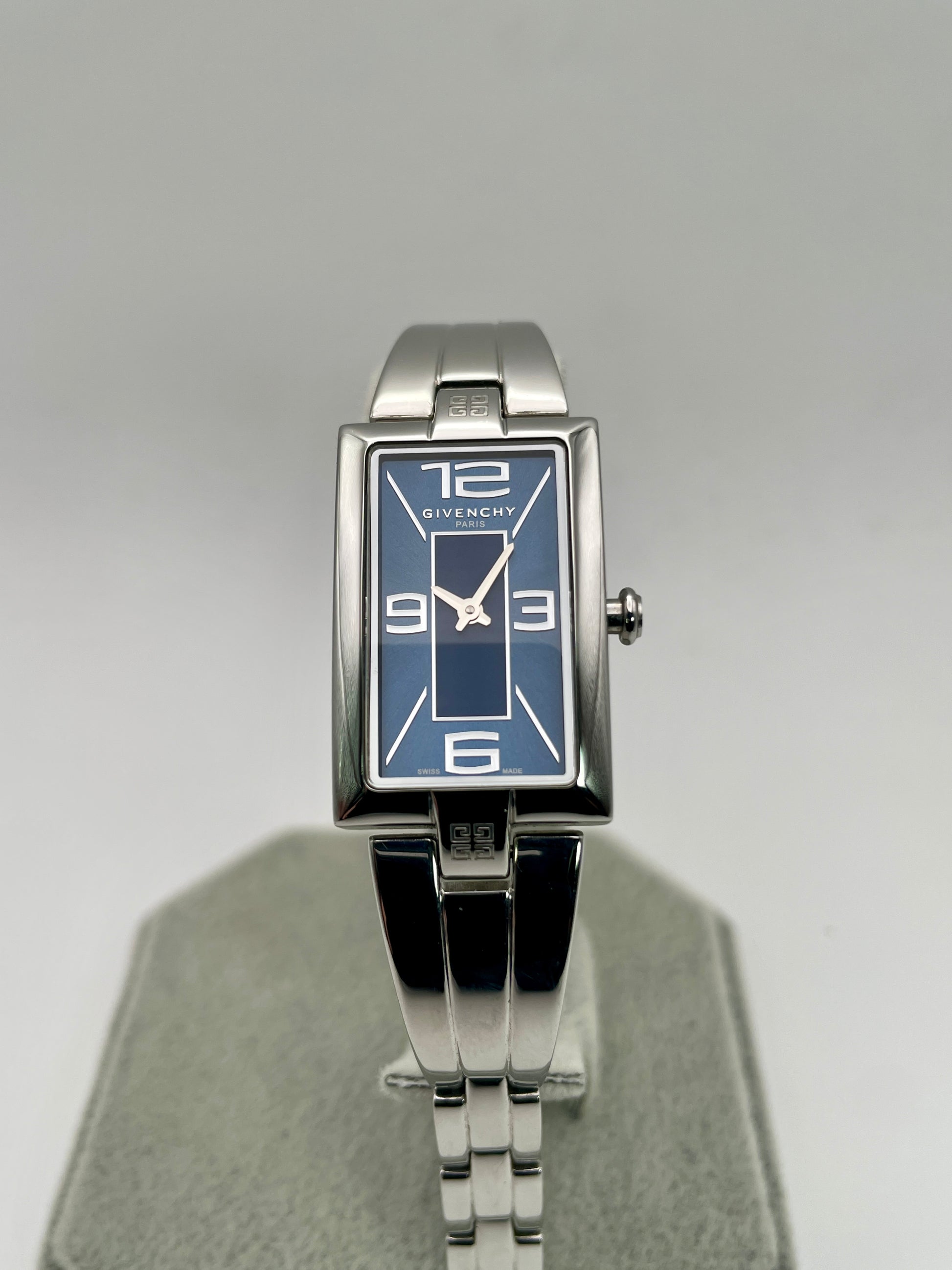Front view of Givenchy Tank Vintage Women's Watch in steel with navy dial and rectangular case
