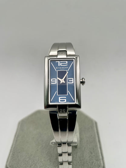 Front view of Givenchy Tank Vintage Women's Watch in steel with navy dial and rectangular case
