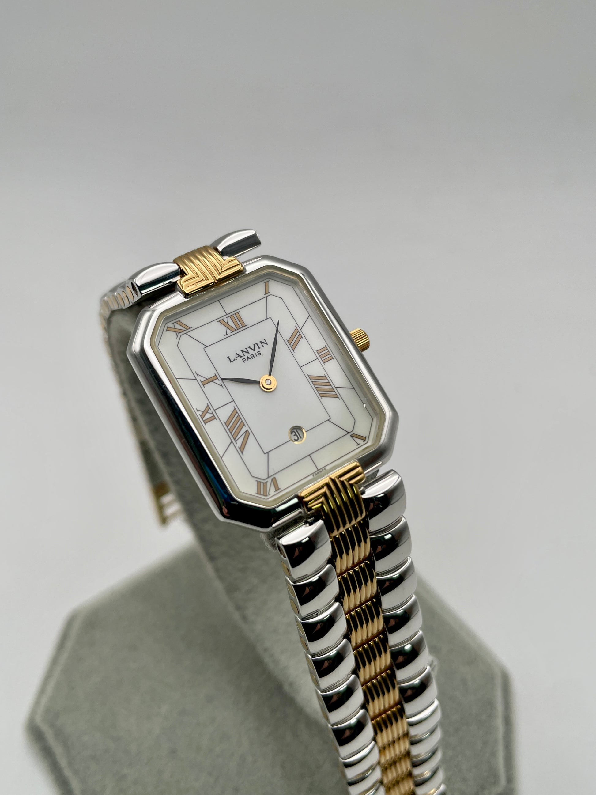 Lanvin Paris 516897.B vintage women's watch in two-tone gold and silver with white Roman numeral dial, shown in full view

