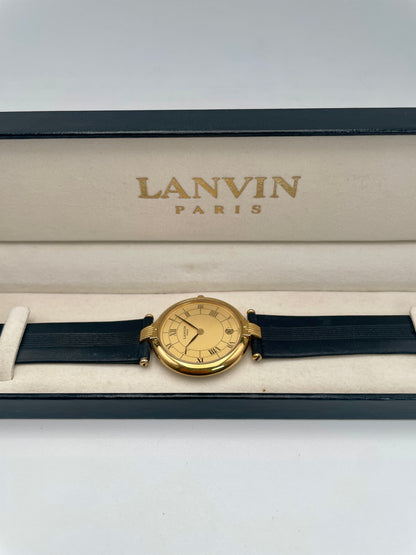 Lanvin Paris Vintage Ladies Watch in gold-tone case with black leather strap, main view in box