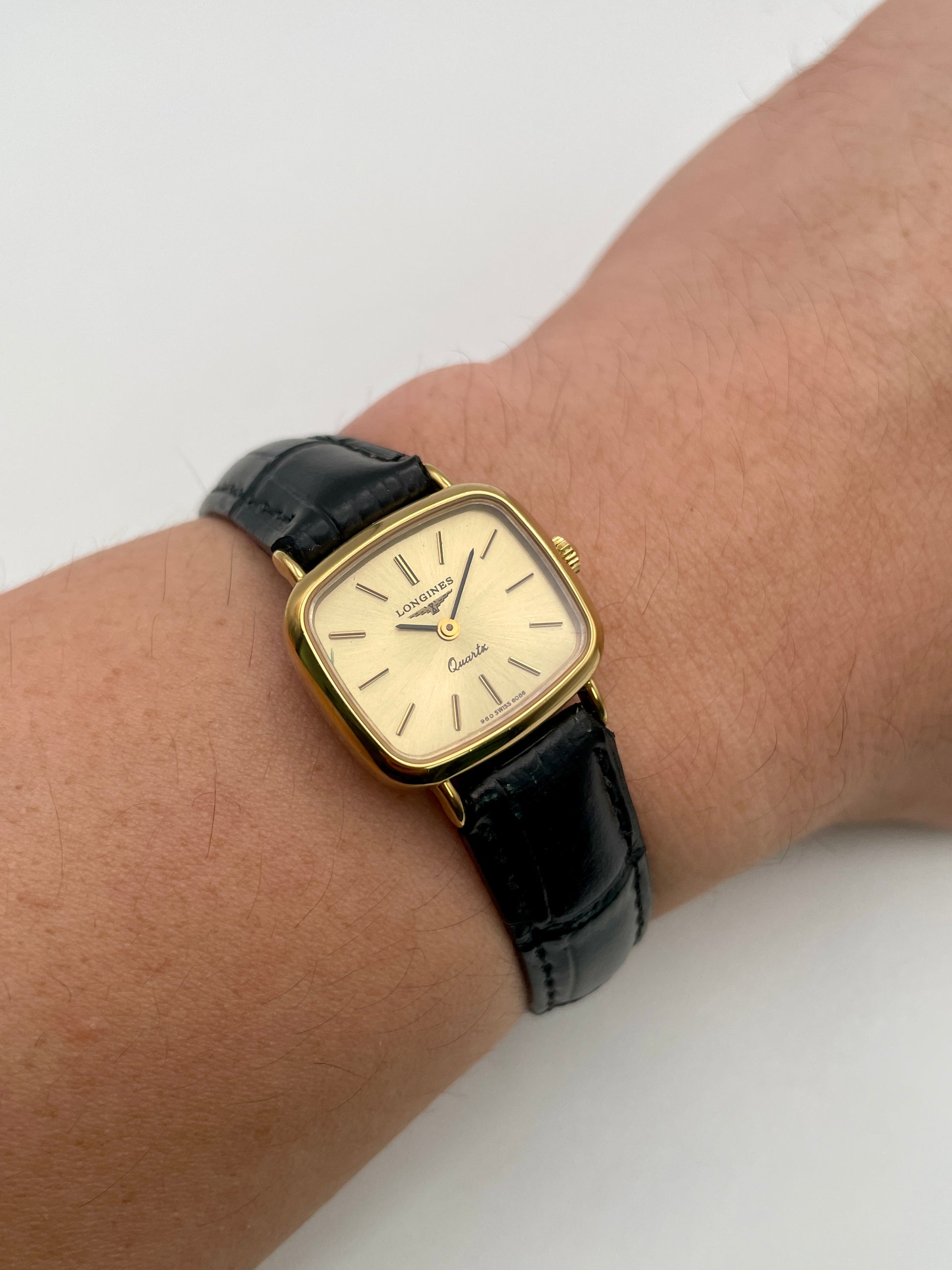 Longines 6068.2 vintage gold women's watch worn on wrist, showcasing size and strap fit
