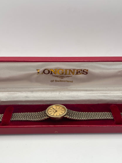 Longines Braided Bezel Vintage Ladies Watch in gold with original red Longines box.