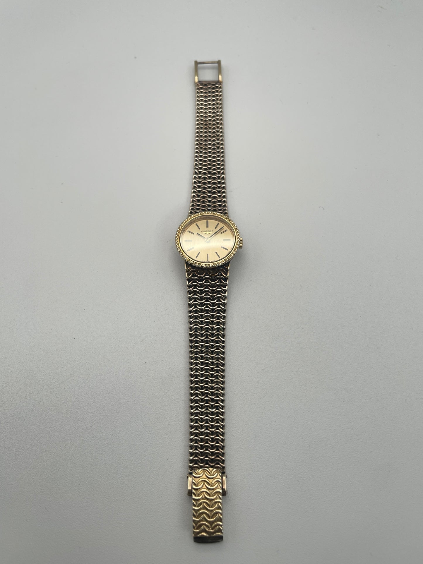 Full view of Longines Braided Bezel Vintage Ladies Watch showing its entire chainmail bracelet.