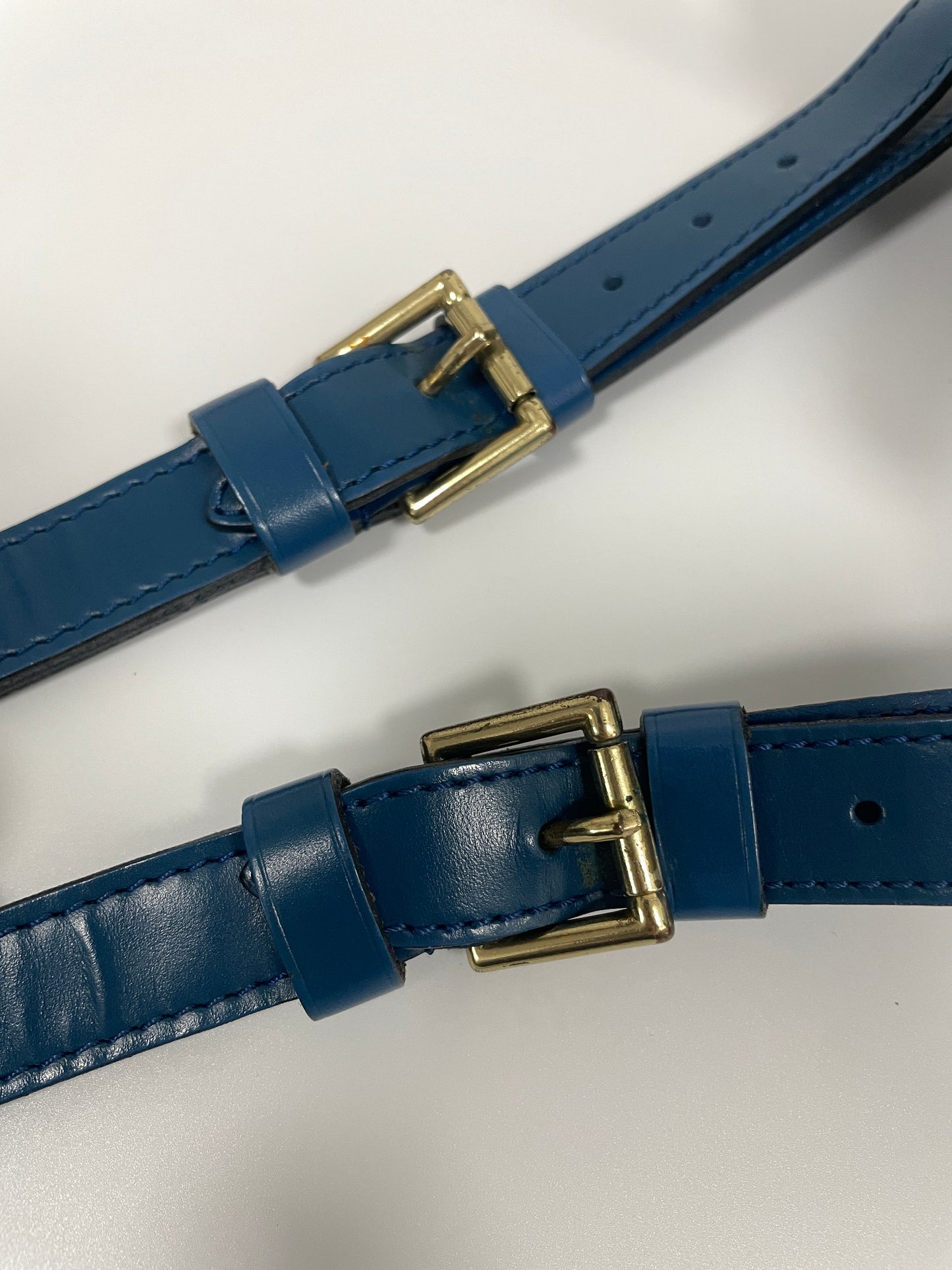 Detail shot of the adjustable strap buckles on the Louis Vuitton Petit Noé Shoulder Bag in Toledo Blue Leather.