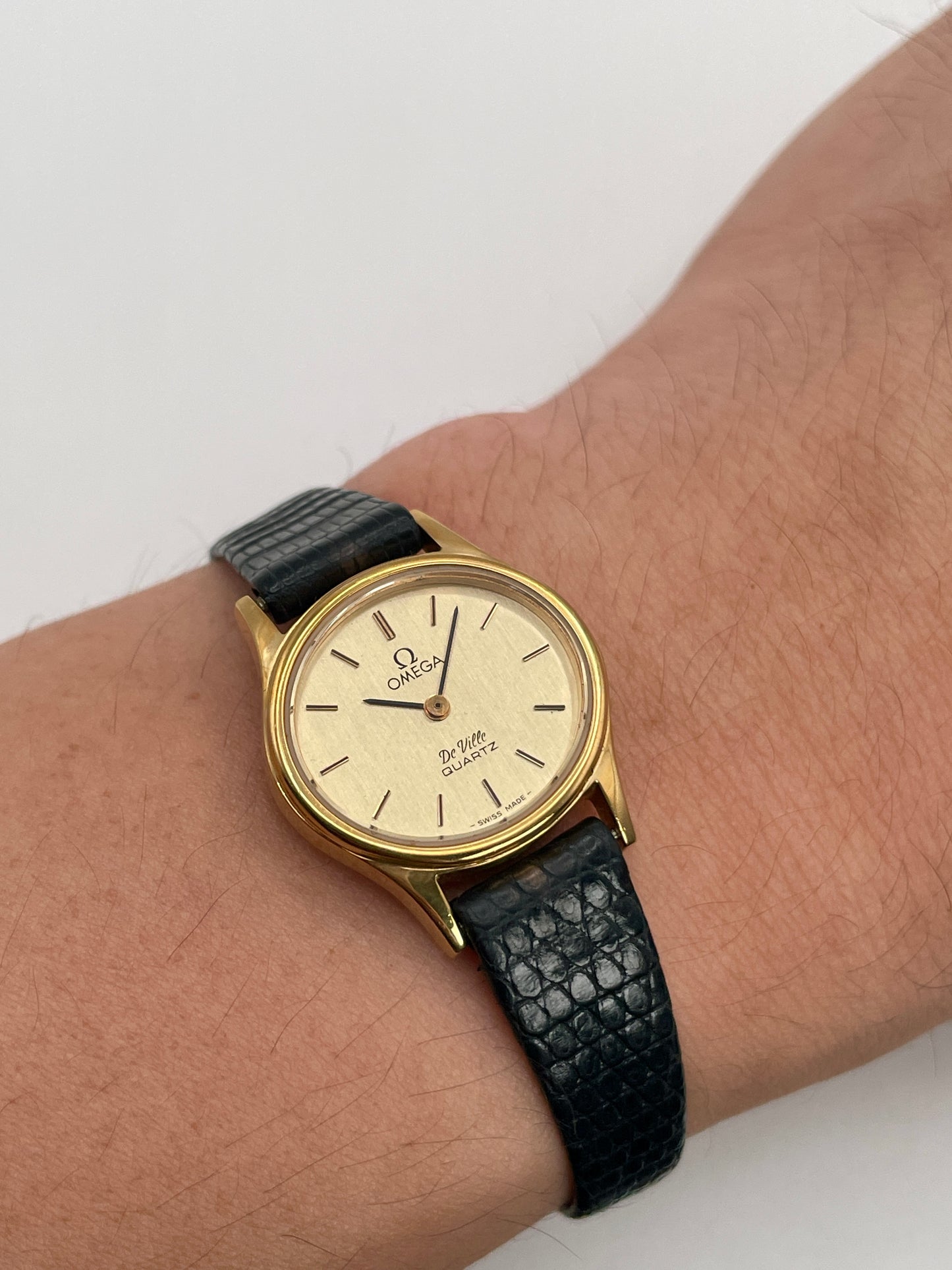 Wrist shot of the Omega De Ville 1350 showing its elegant fit and classic style.