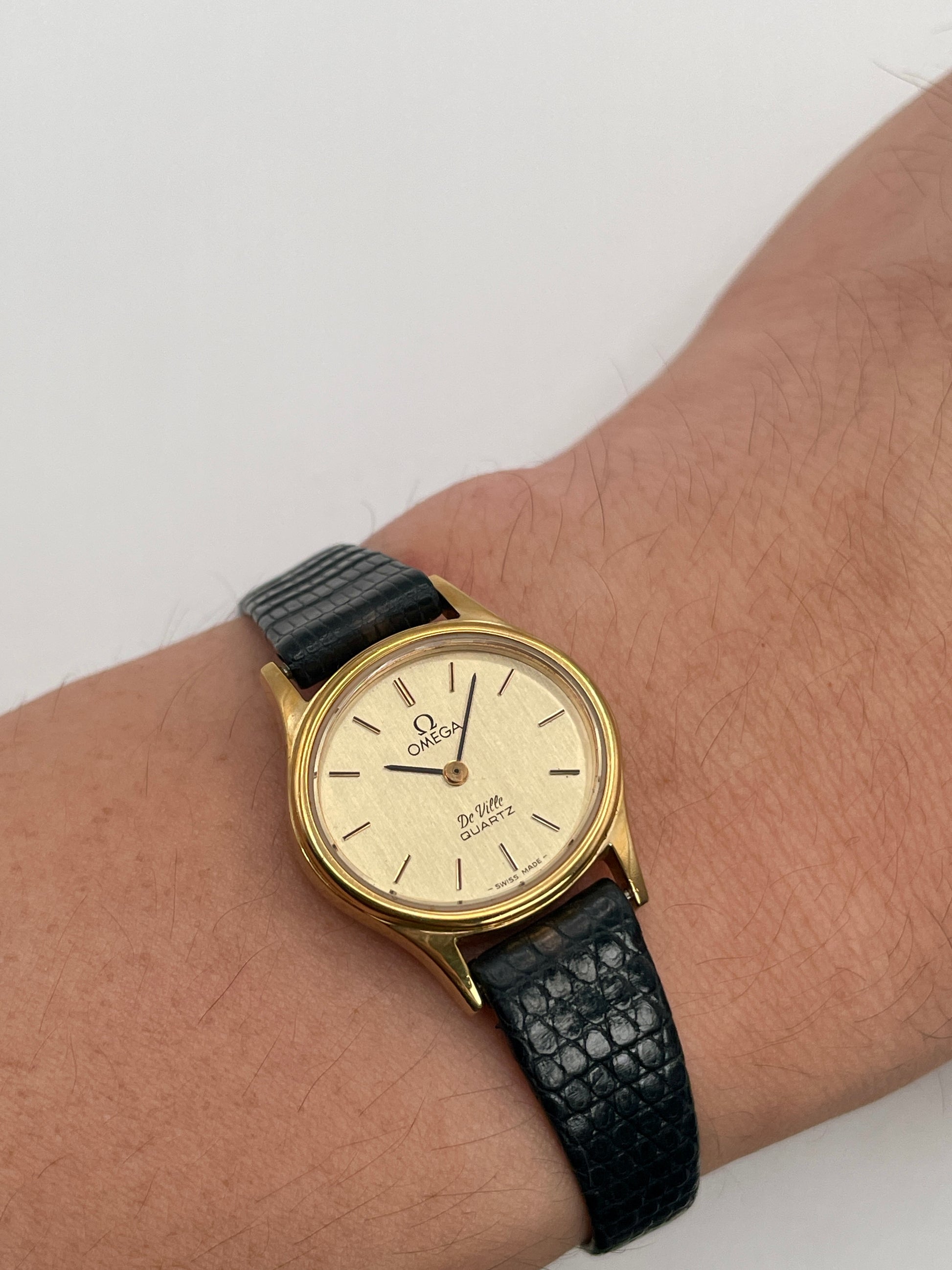 Wrist shot of the Omega De Ville 1350 showing its elegant fit and classic style.