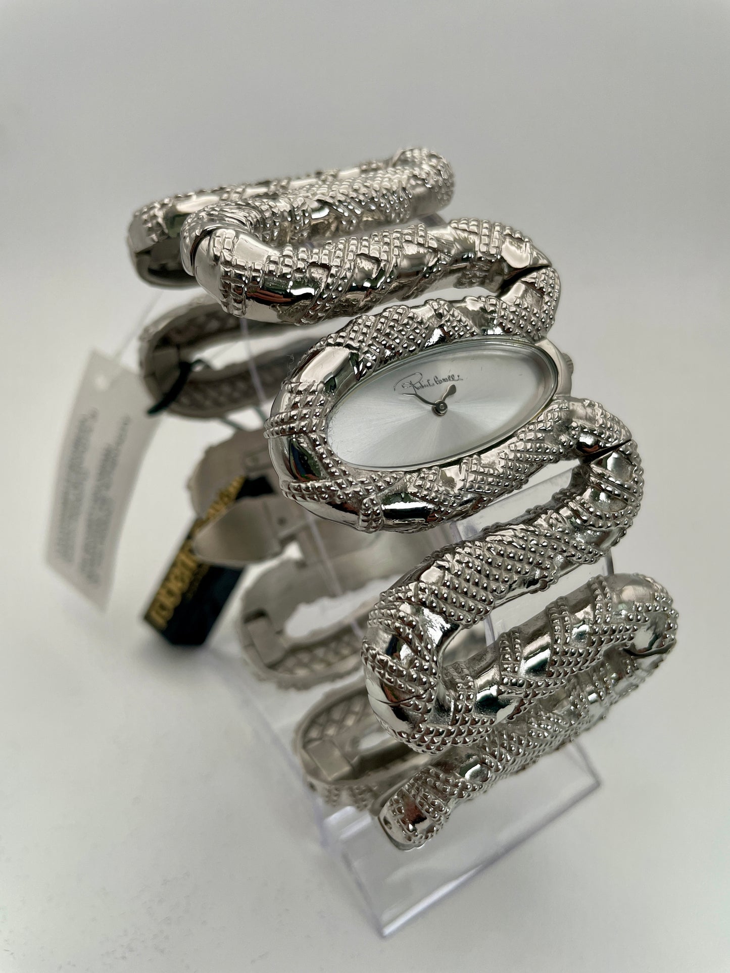 Front side view of Roberto Cavalli Snake Bangle watch showing intricate snake design in silver.